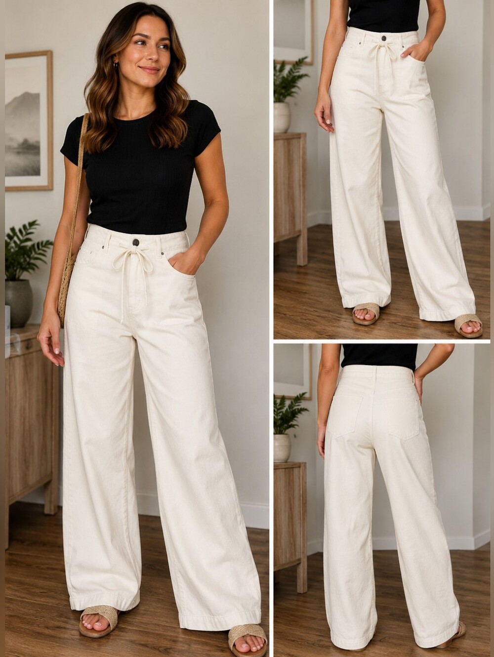 ANA Cream Wide Leg Tie Waist Pants Size 10 Mid Rise Slouchy Wide Leg